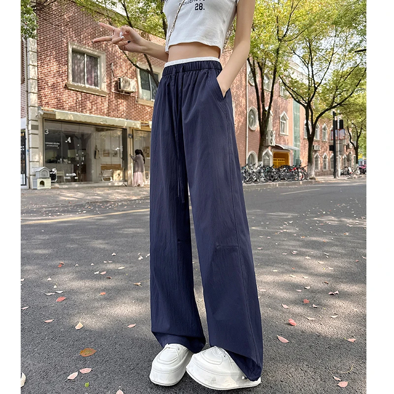 藏青色美式速干工装裤女款2025新款夏薄款休闲防晒冰丝阔腿运动裤