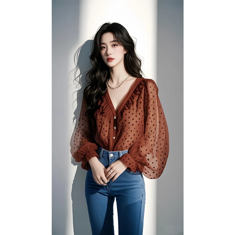 2025新款独特漂亮小衫港风复古红棕色v领木耳边雪纺长袖衬衫女春