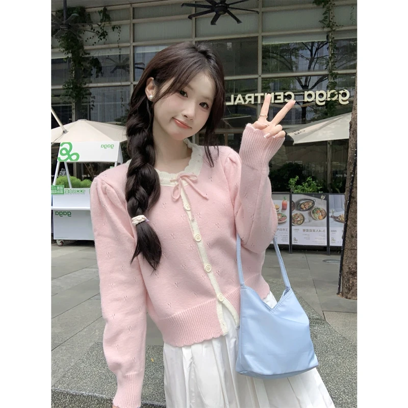 甜美软糯开衫毛衣女2025秋季新款荷叶花边系带蝴蝶结针织开衫