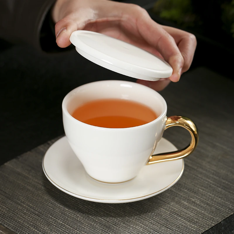 大号羊脂玉陶瓷泡茶杯防烫带手柄隔热主人杯个人茶杯杯专用带盖子