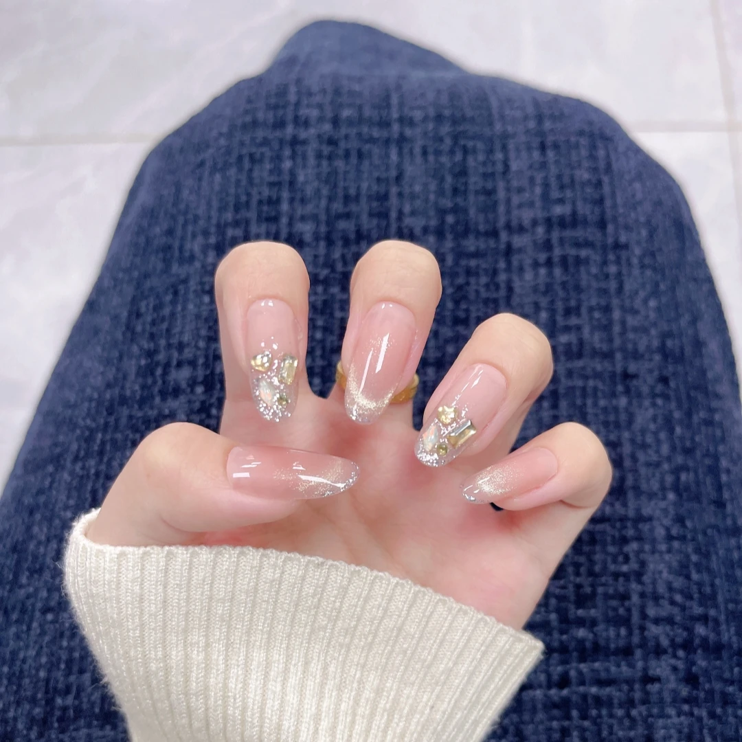 【塞纳黄昏】长中短款猫眼穿戴甲高级感带钻轻著显白手工美甲贴片