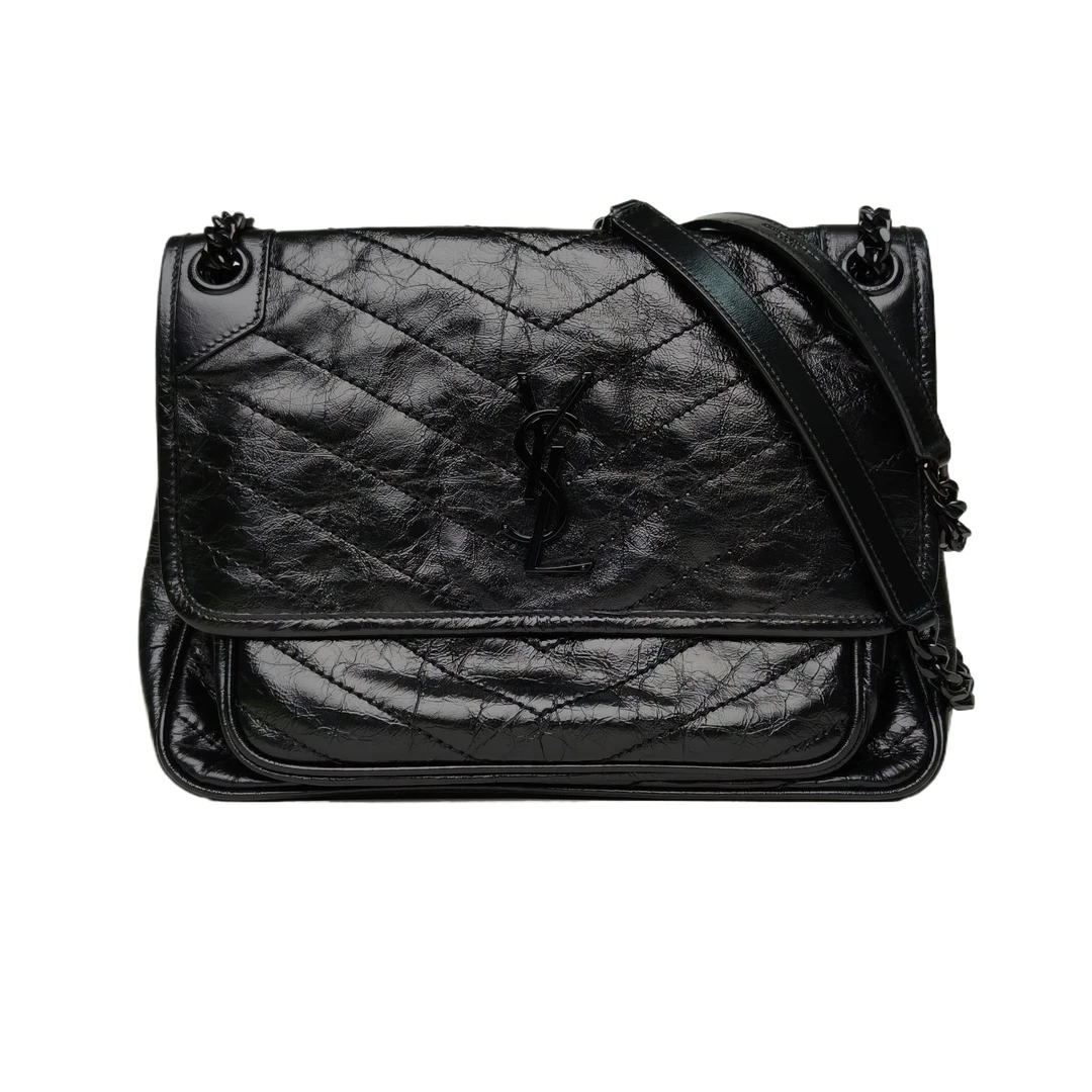 99新 YSL/圣罗兰 小花6珊 Niki 中号 28 D扣 黑色 皮革C 黑扣包