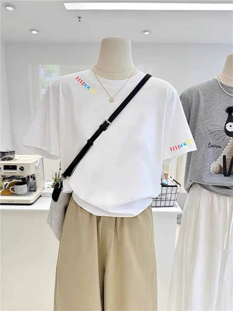 「高品刺绣」新疆棉高品弹力T恤女 夏季韩版休闲百搭短袖985