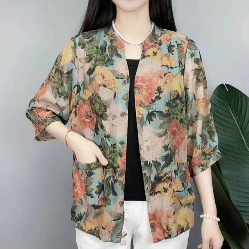 大码洋气高档薄款上衣妈妈装女夏季新款时尚休闲显瘦宽松印花衬衫