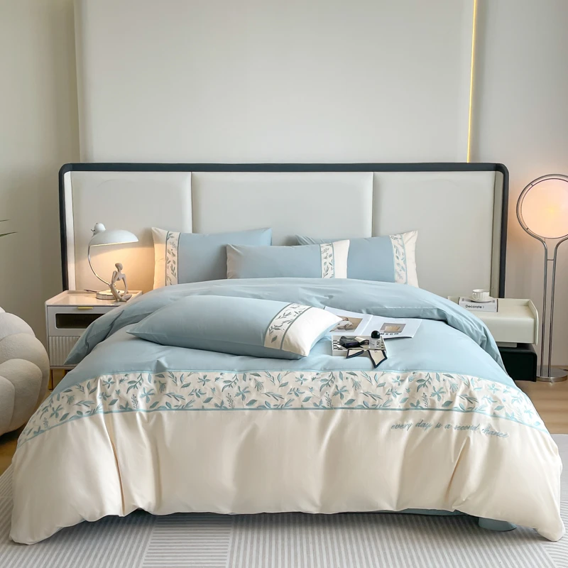 水星家纺适用A类100全棉长绒棉简约纯色高级感刺绣轻奢高档床品4