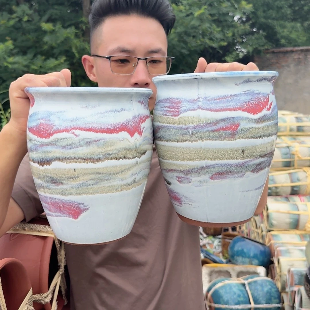 紫砂花盆口18高22（两个粉水墨画老庄