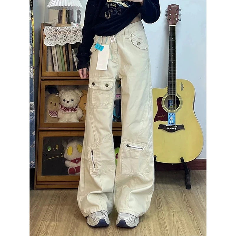 美式多口袋工装微喇牛仔裤女2025冬季新款微胖mm显瘦拖地阔腿裤子