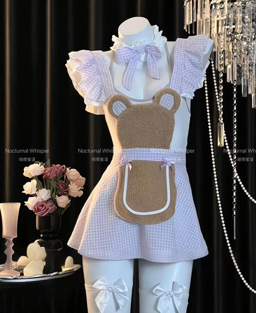 暗夜蜜语【小熊饼干】性感女pu制服套装纯欲可爱毛绒小熊睡裙新款