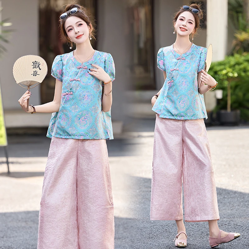新中式国风提花盘扣套装女2025夏季新款复古改良旗袍阔腿裤两件套