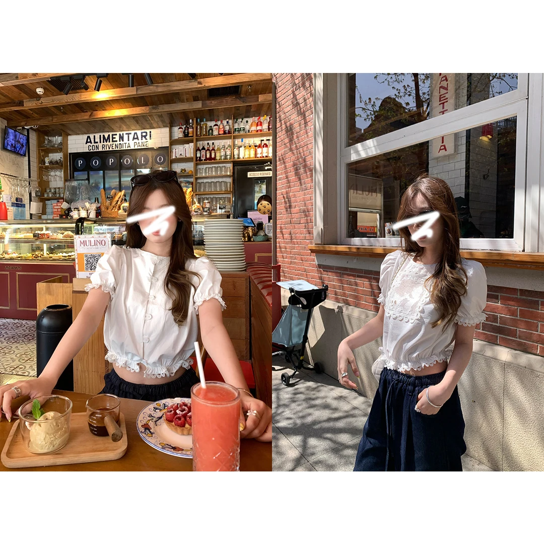 俏皮两面穿！轻法蕾丝镂空泡泡袖圆领短款花苞上衣短袖衬衫上衣T恤