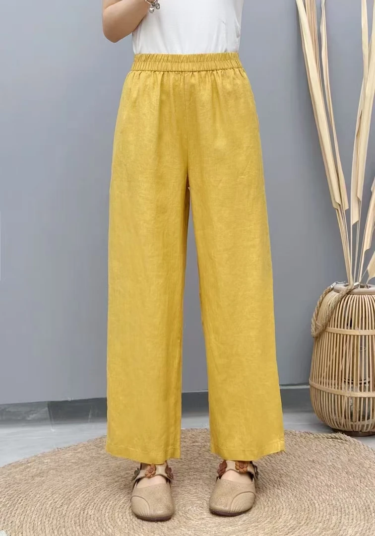 YIWEN双雨露亚麻经典百搭小直筒九分裤1266