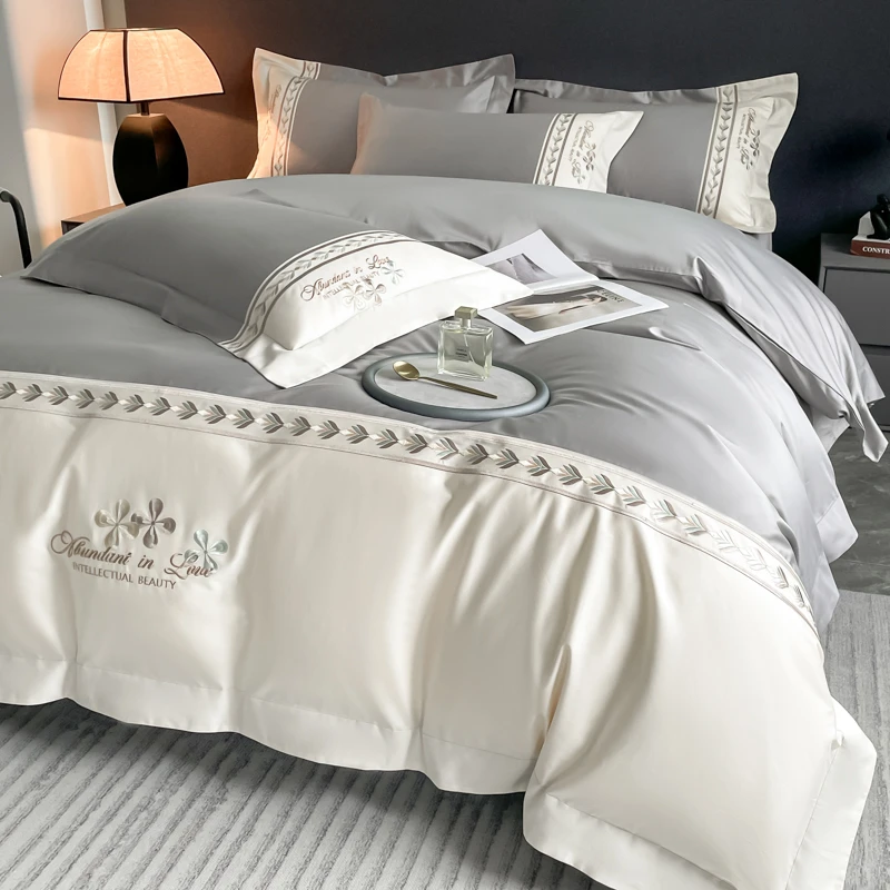 富安娜A类纯棉刺绣四件套适合裸睡全棉被套床单床笠宿舍床上用品