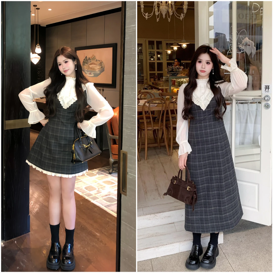 李潇洒【海蒂の假期】微胖大码秋法式格纹蕾丝边千金感假两件连衣裙