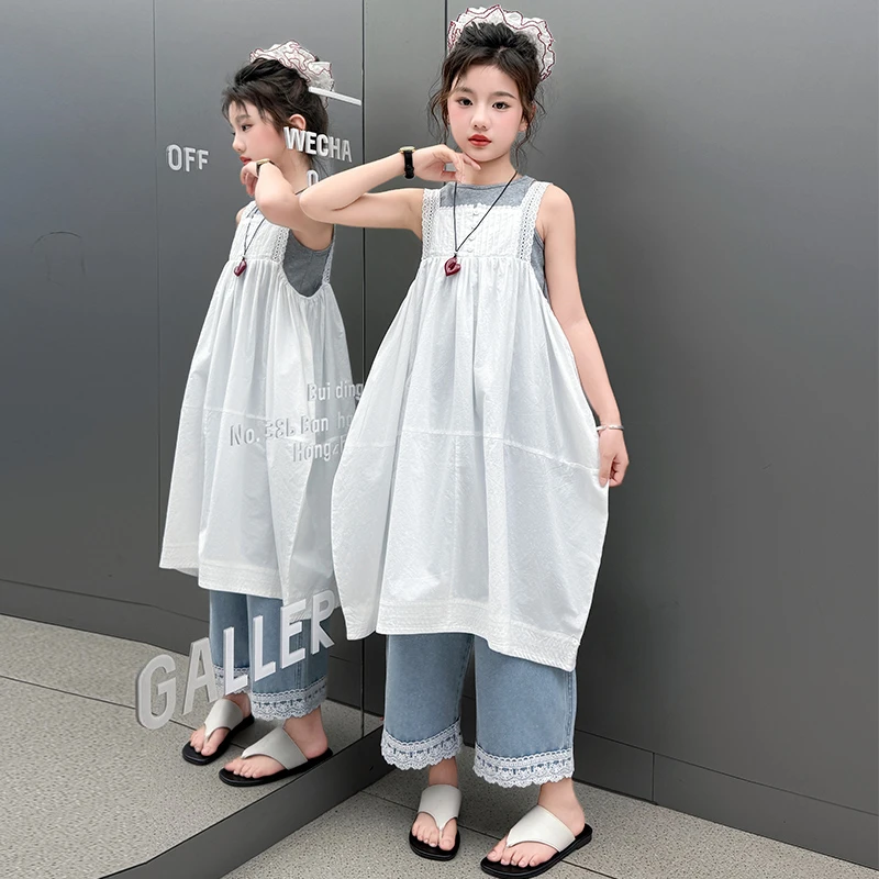 女大童蕾丝吊带套装2025夏季新款时尚女孩镂空背心裙牛仔裤三件套