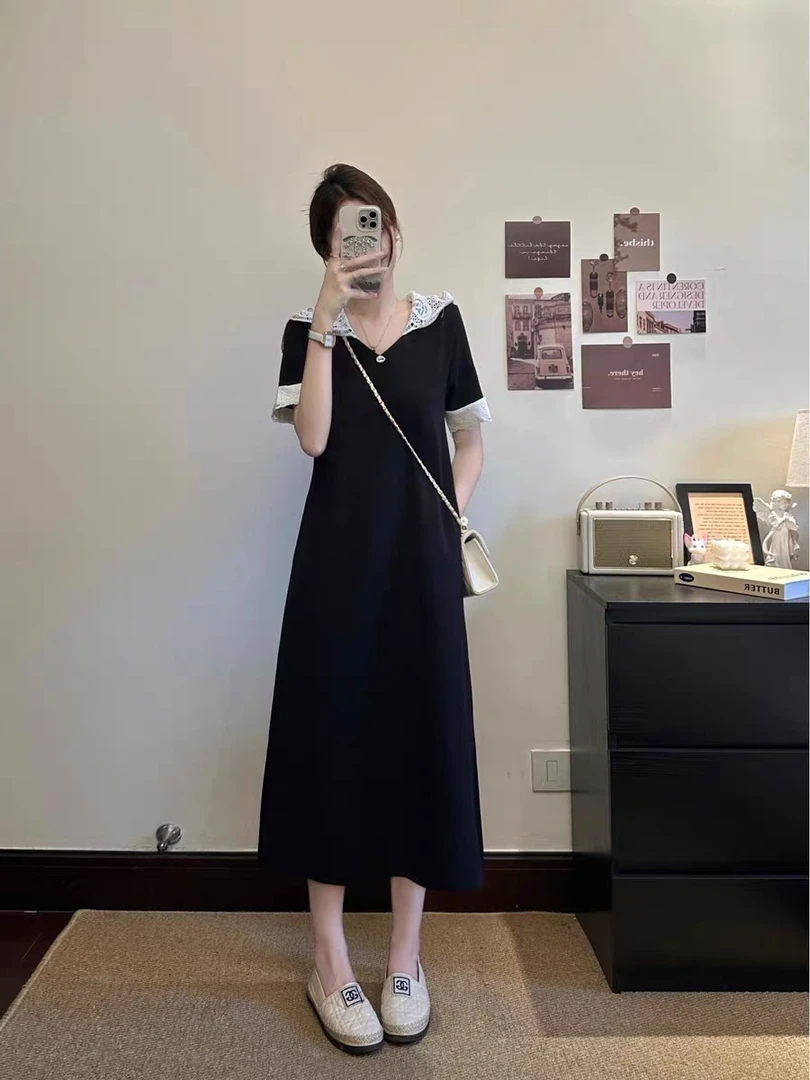 25092 蕾丝黑色连衣裙女2025年夏新款气质长裙