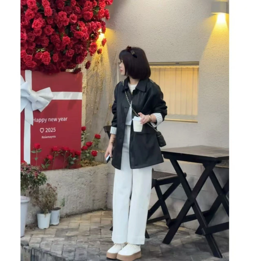 玳妮【黑加仑】早春款 翻领中长款阔版条纹袖皮衣 时尚柔软气质夹克