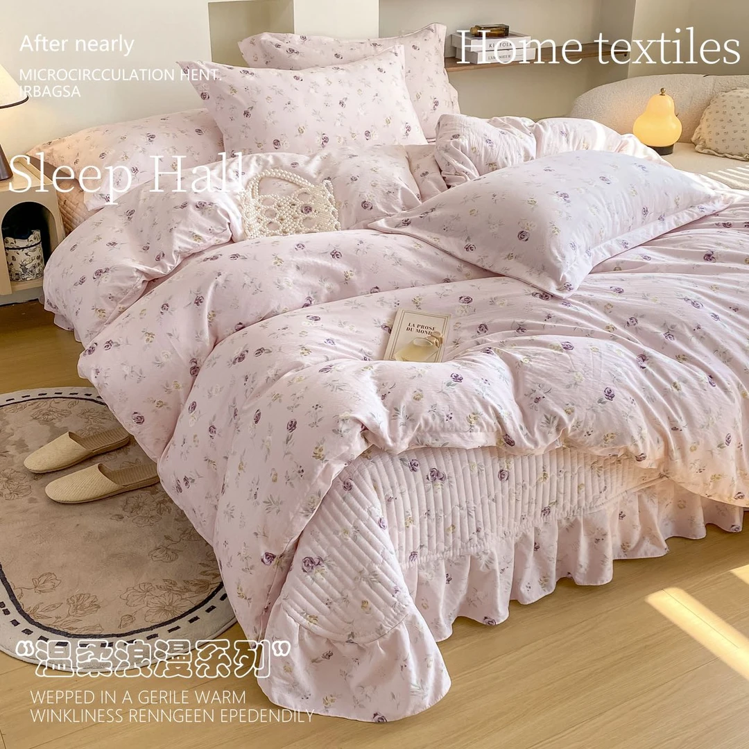 新品！A类皱皱纱床盖款四件套花边印花被套法式加厚夹棉款床上用品