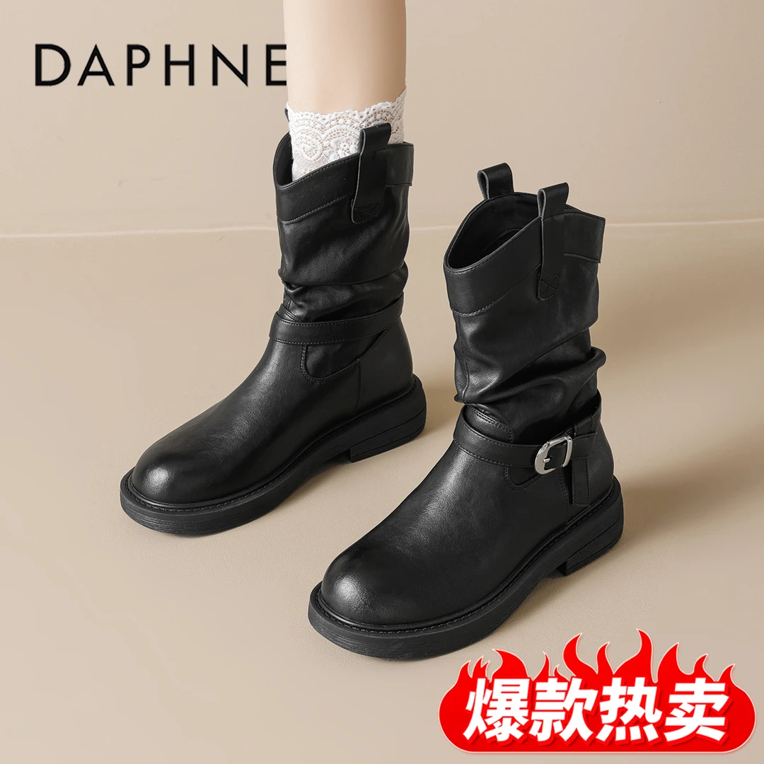 达芙妮厚底圆头粗跟褶皱堆堆靴秋冬新款马丁靴百搭显瘦骑士靴短靴