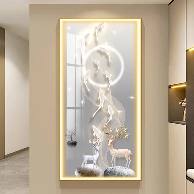 现代轻奢入户玄关装饰画LED灯画九鱼图走廊过道挂画竖版晶瓷壁画