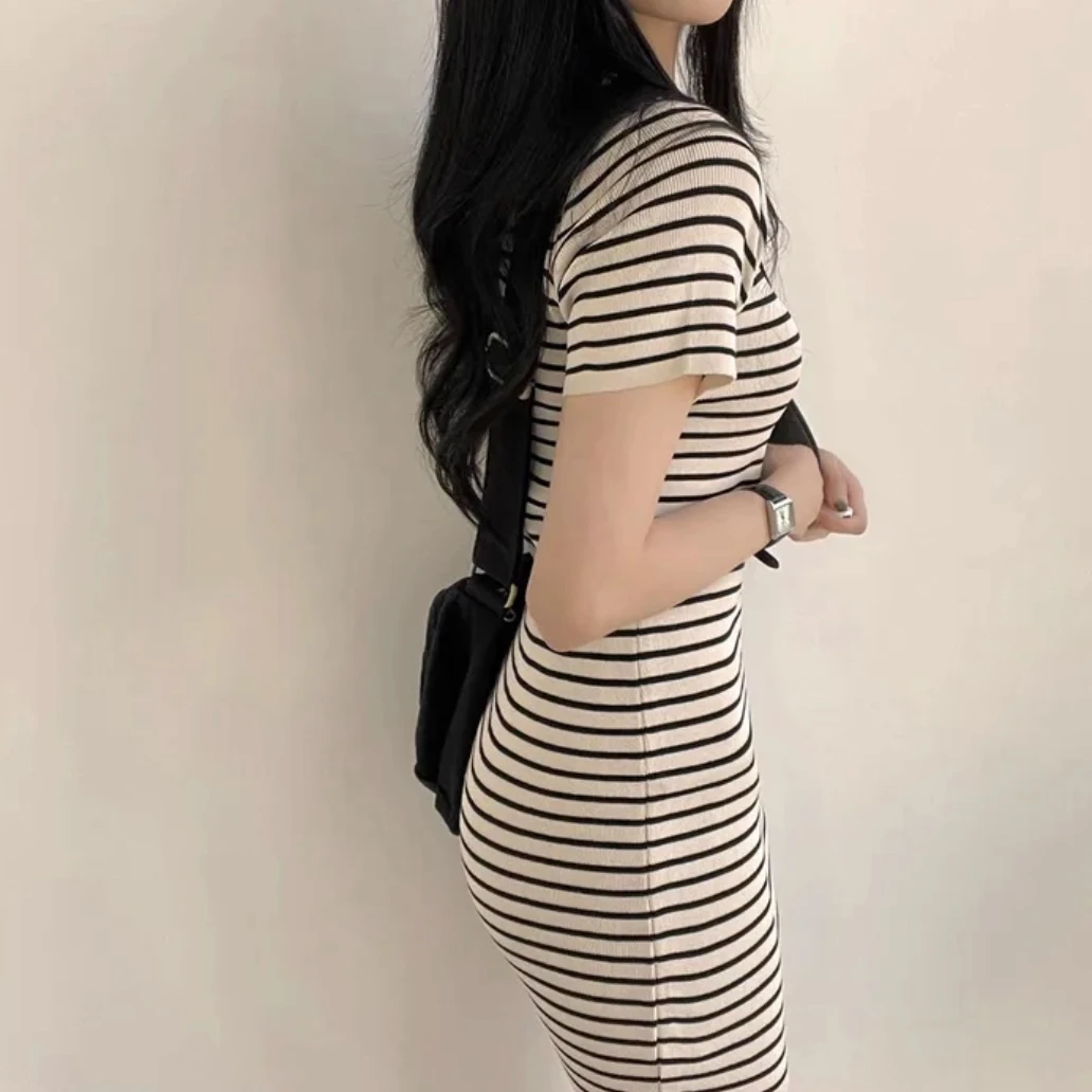 韩国chic夏季复古经典POLO领修身显瘦小个子条纹针织T恤连衣裙女