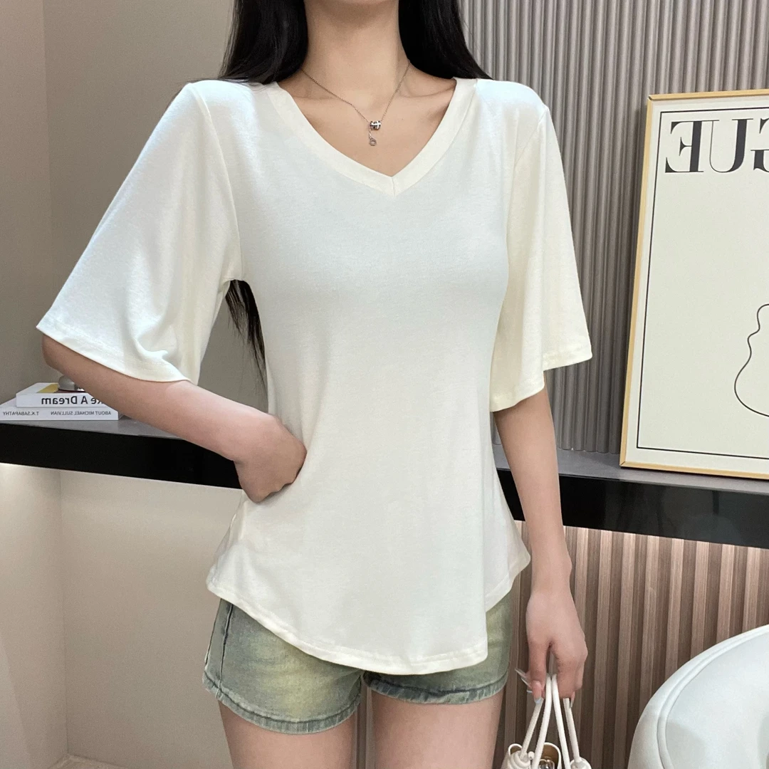 【现货发】慵懒松弛感V领圆领半袖休闲百搭宽松上衣夏季简约短袖T