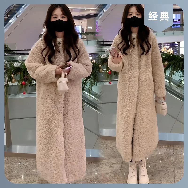 粉色中长款皮毛一体大衣女2025秋冬新款宽松连帽加厚保暖毛毛外套