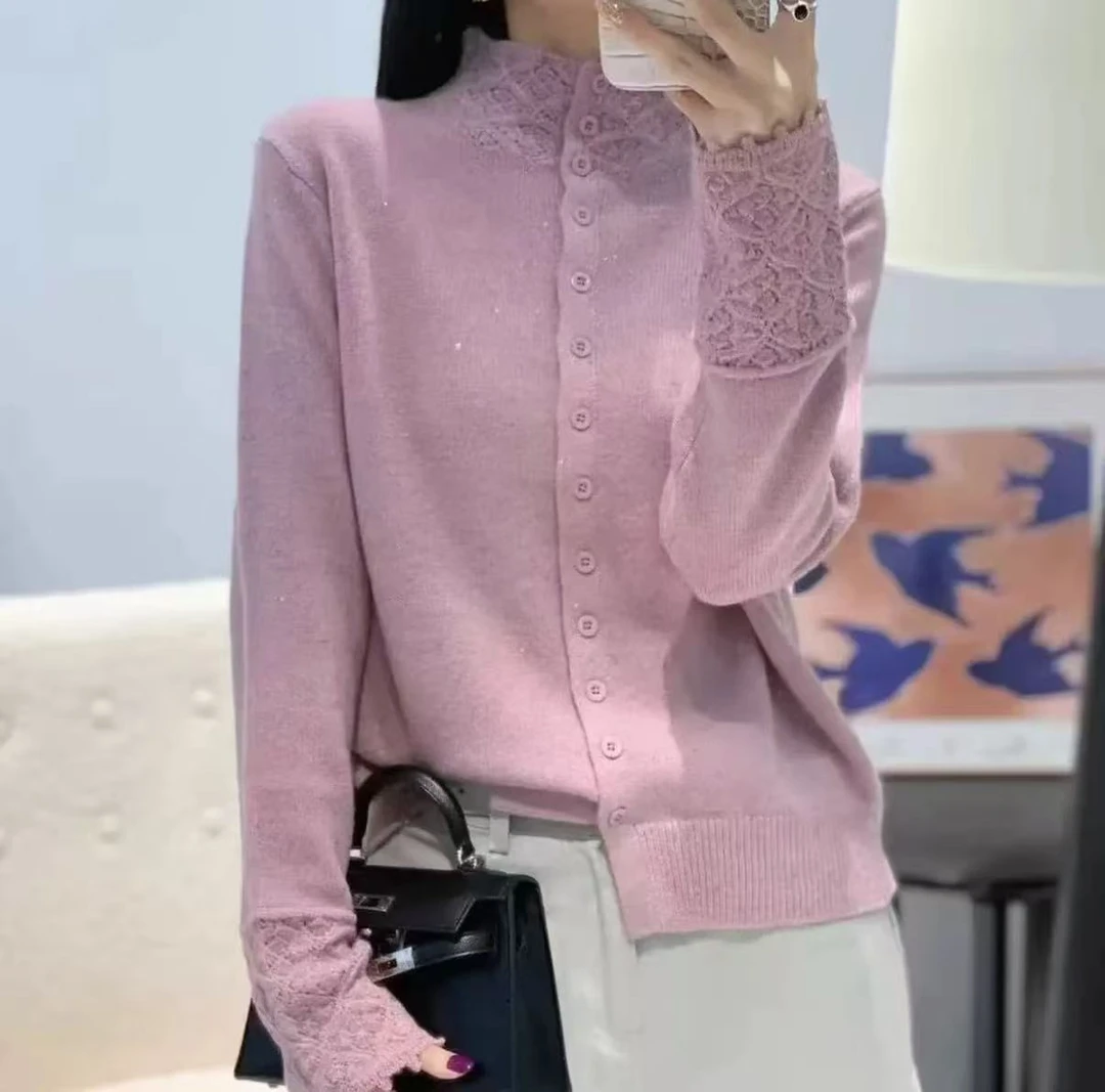 法式设计款镂空花边领针织衫金银丝珠片时尚开衫百搭减龄上衣