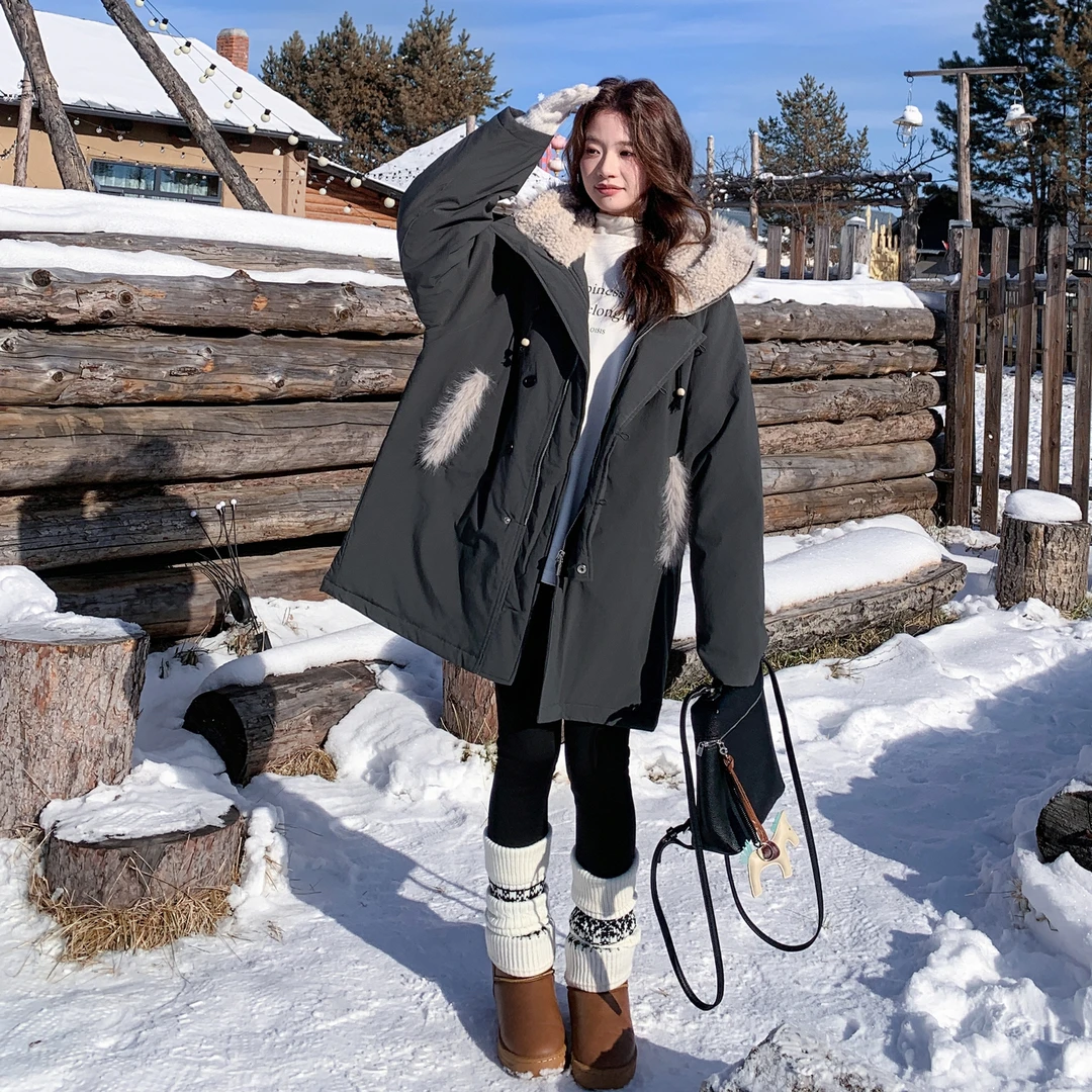 灰绿色毛领风衣情侣冬季新款加厚慵懒风保暖外套黑色连帽派克服