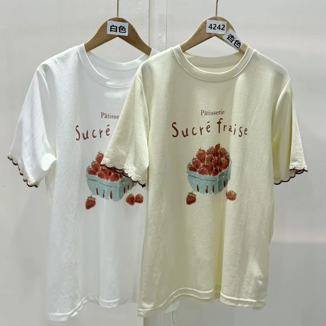 4242号#7166#百搭印花草莓甜点蕾丝拼接袖上衣T