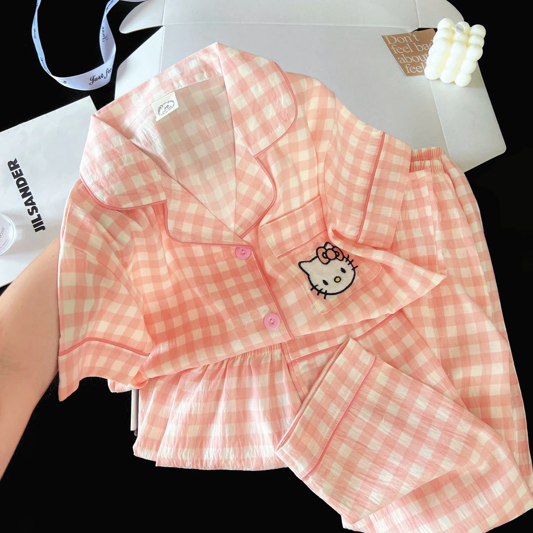 亲子装母女儿童三件套开扣短袖短裤睡衣夏季套装薄款中大童空调服