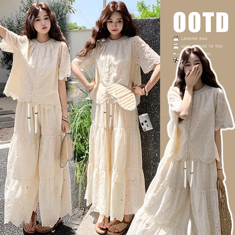 孕妇装2025新款夏季韩版时尚气质镂空短袖上衣+阔腿裤减龄两件套