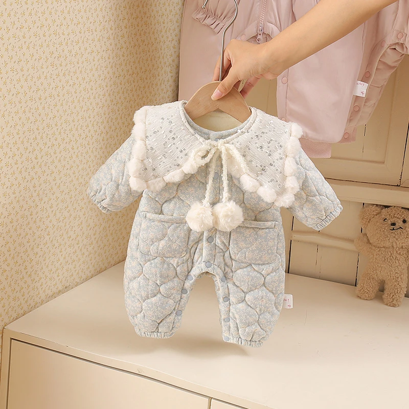 婴儿衣服冬装新生女宝宝连体衣加绒夹棉哈衣秋冬外出抱衣冬季棉服