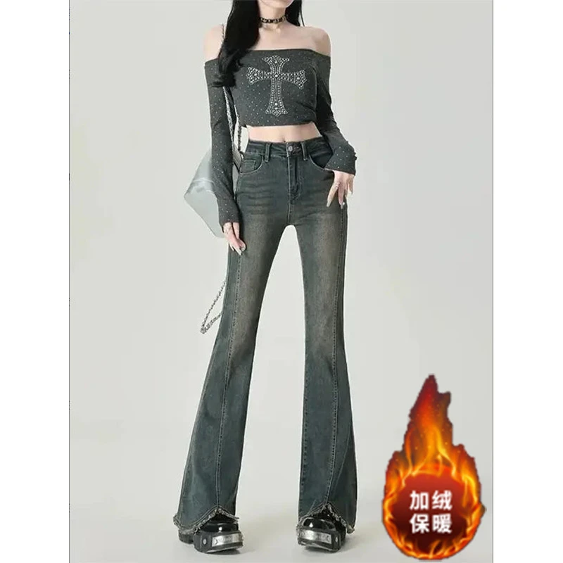 复古蓝高腰微喇牛仔裤女2025秋季新款高个子修身显瘦弹力马蹄裤子