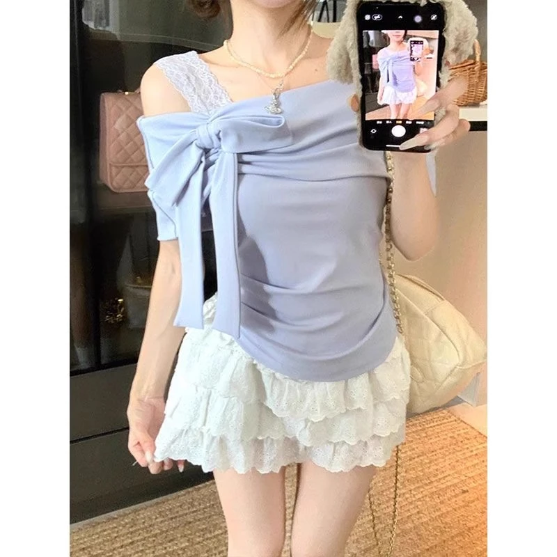 一字肩纯欲T恤女2025夏季新款蝴蝶结露肩短袖甜妹上衣