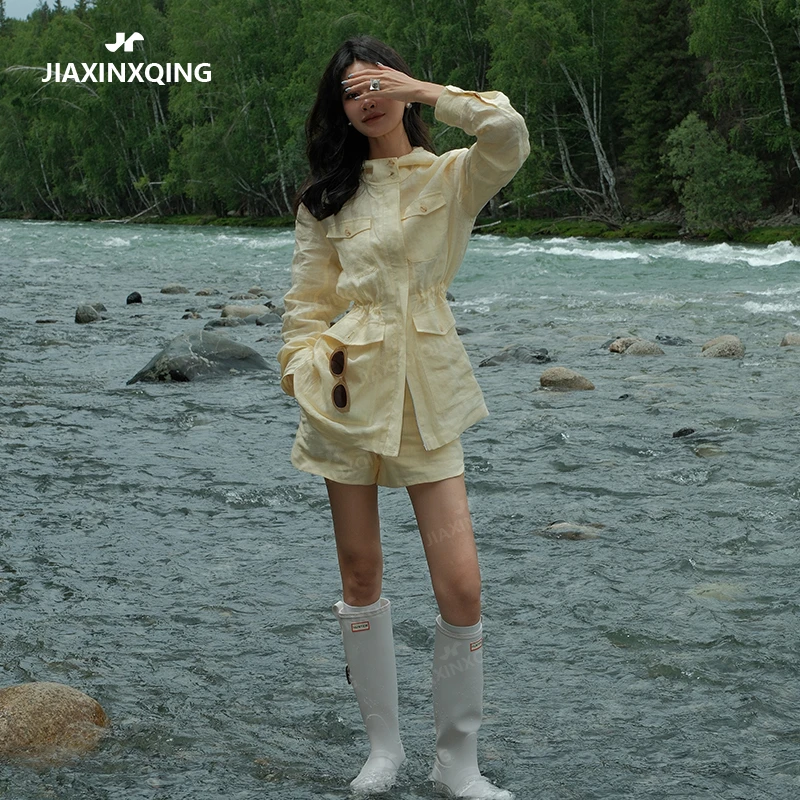 JIAXINXQING新款浅黄色套装夏季衬衫+短裤法式小众设计款