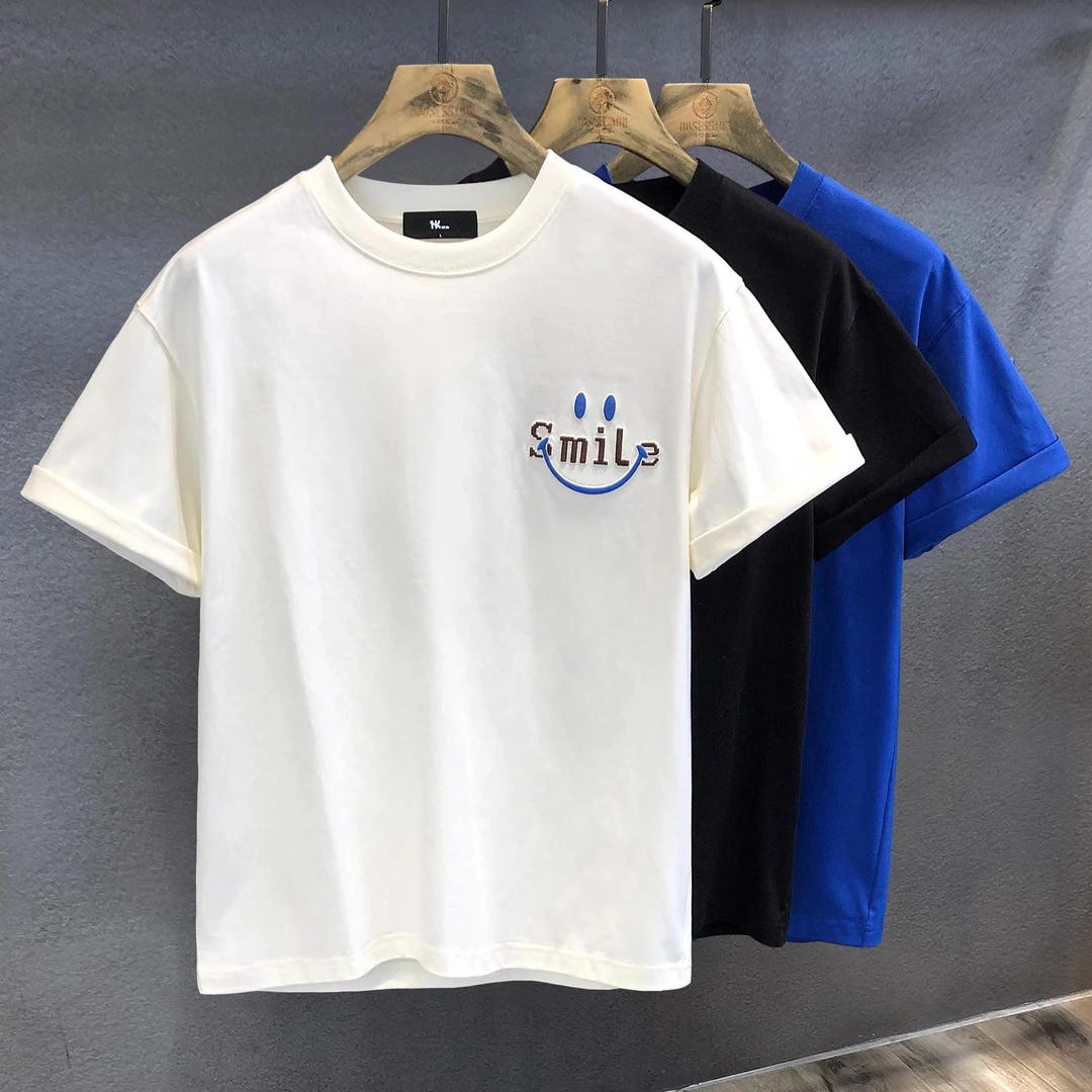 男士纯棉T恤夏季新款波斯米亚笑脸刺绣潮牌高端质感半袖体恤衣服
