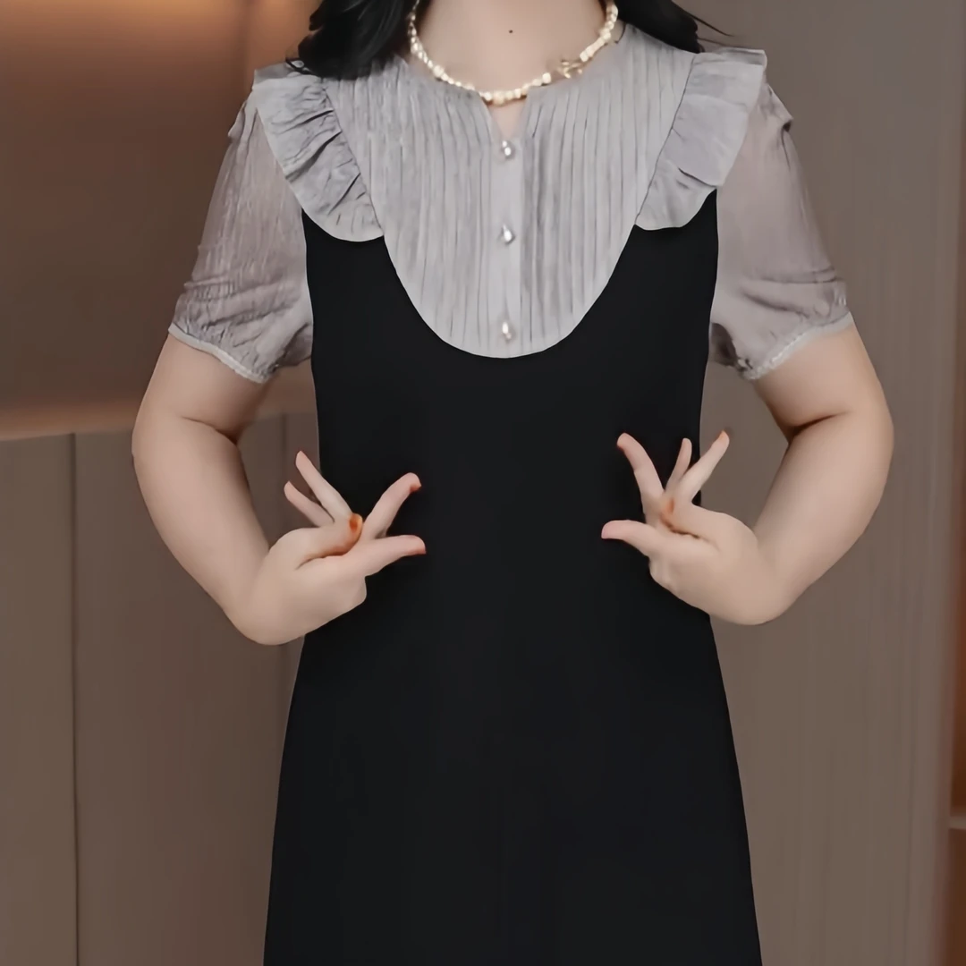 小个子时尚设计感假两件裙子2025夏季新款法式拼接木耳边连衣裙女