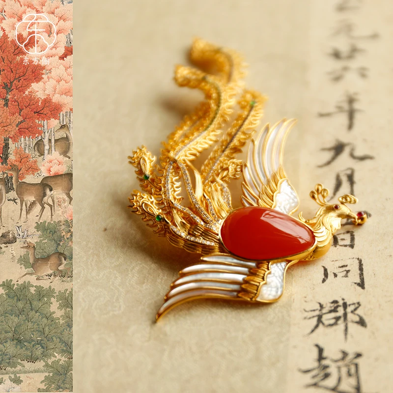 东方俪DOFUNLY【百鸟朝凤】南红凤凰18K金设计款吊坠胸针NHDZ川骛