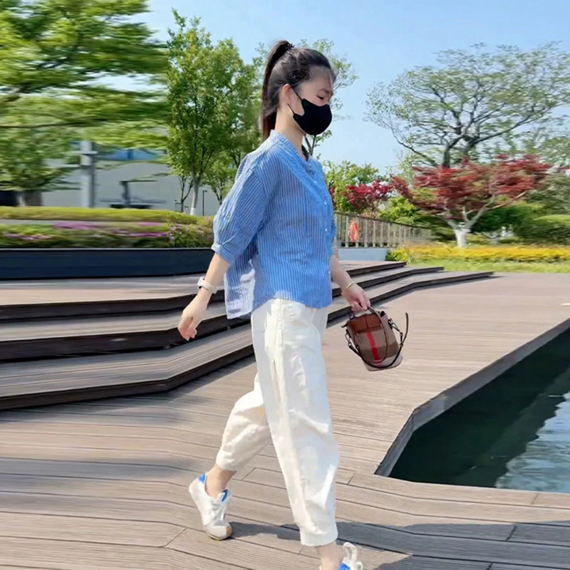 通勤条纹衬衫裤子两件套2025夏季新款韩系好看别致休闲潮流套装潮