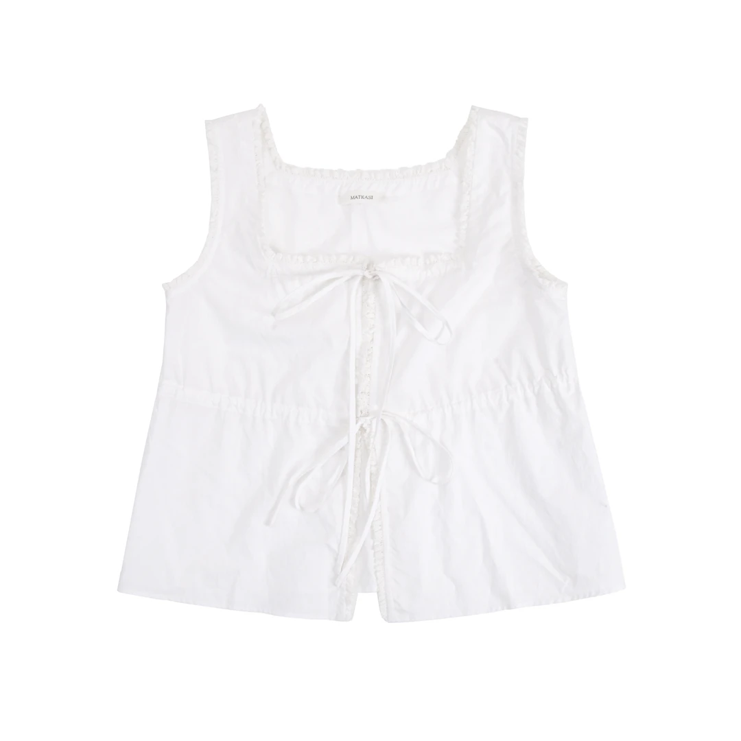 77her 时尚设计感时尚简约气质通勤休闲百搭花边抽绳背心女白色