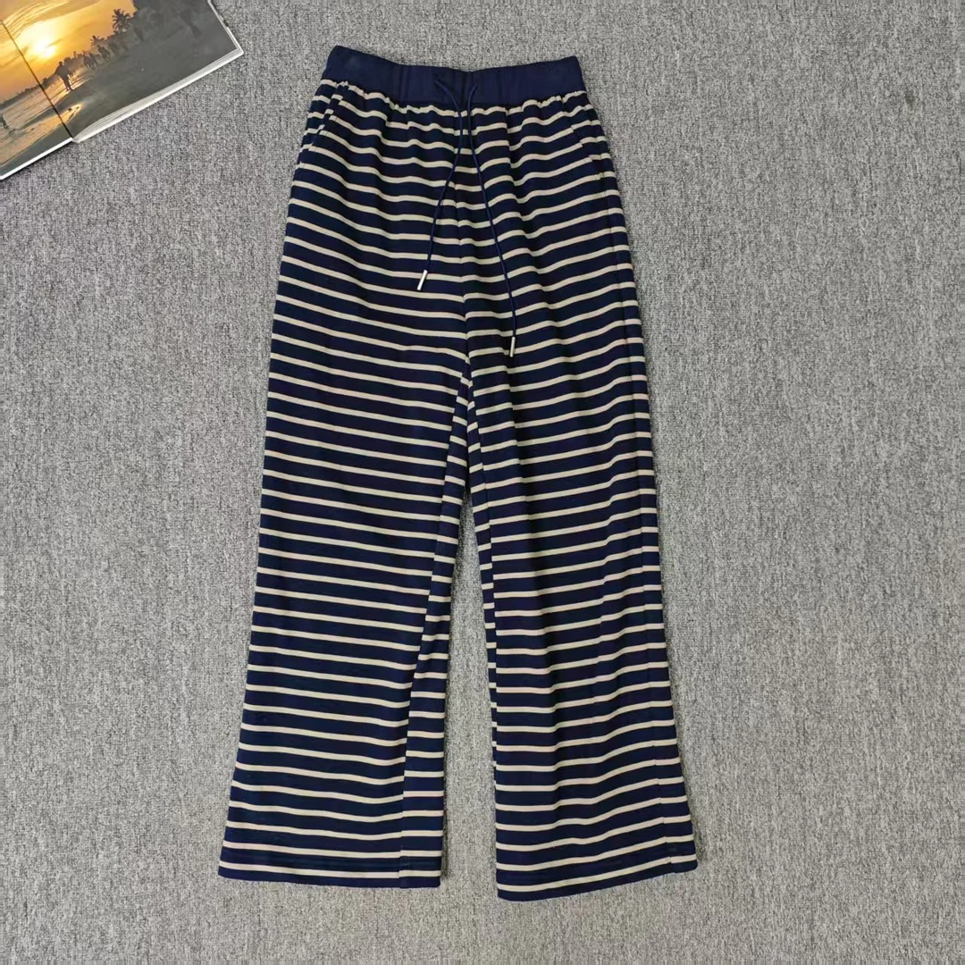 84248余小鱼【开场神裤】藏青色横条纹松紧腰抽绳百搭休闲裤女装