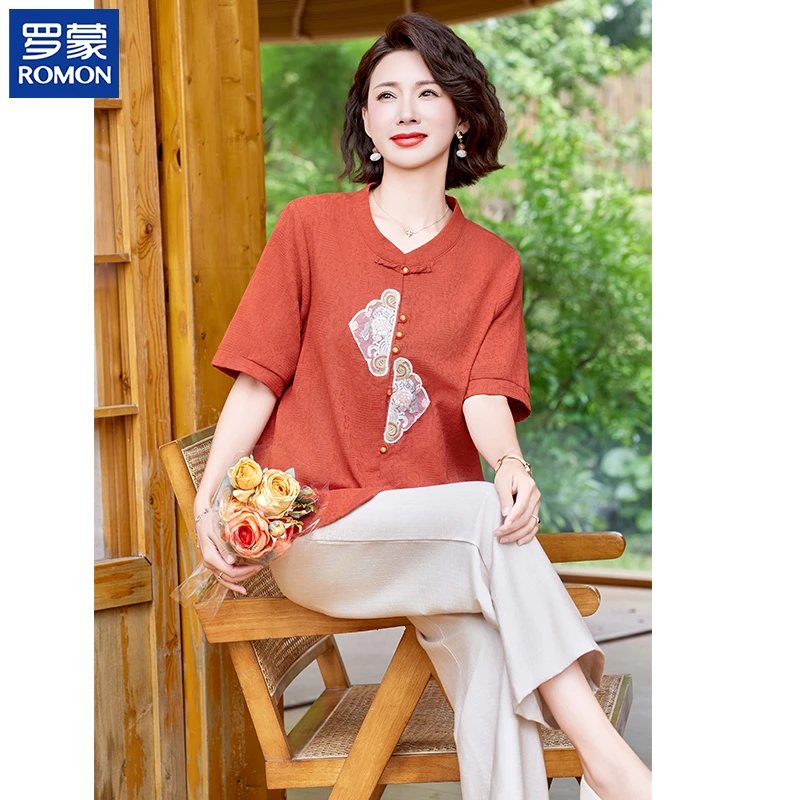 罗蒙时尚妈妈夏装薄款套装新款中年绣花纯色上衣中老年洋气两件套