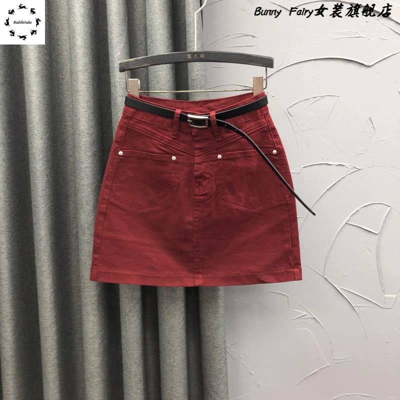 酒红色高腰牛仔短裙女2025年夏季时尚修身显瘦百搭A字半身包臀裙