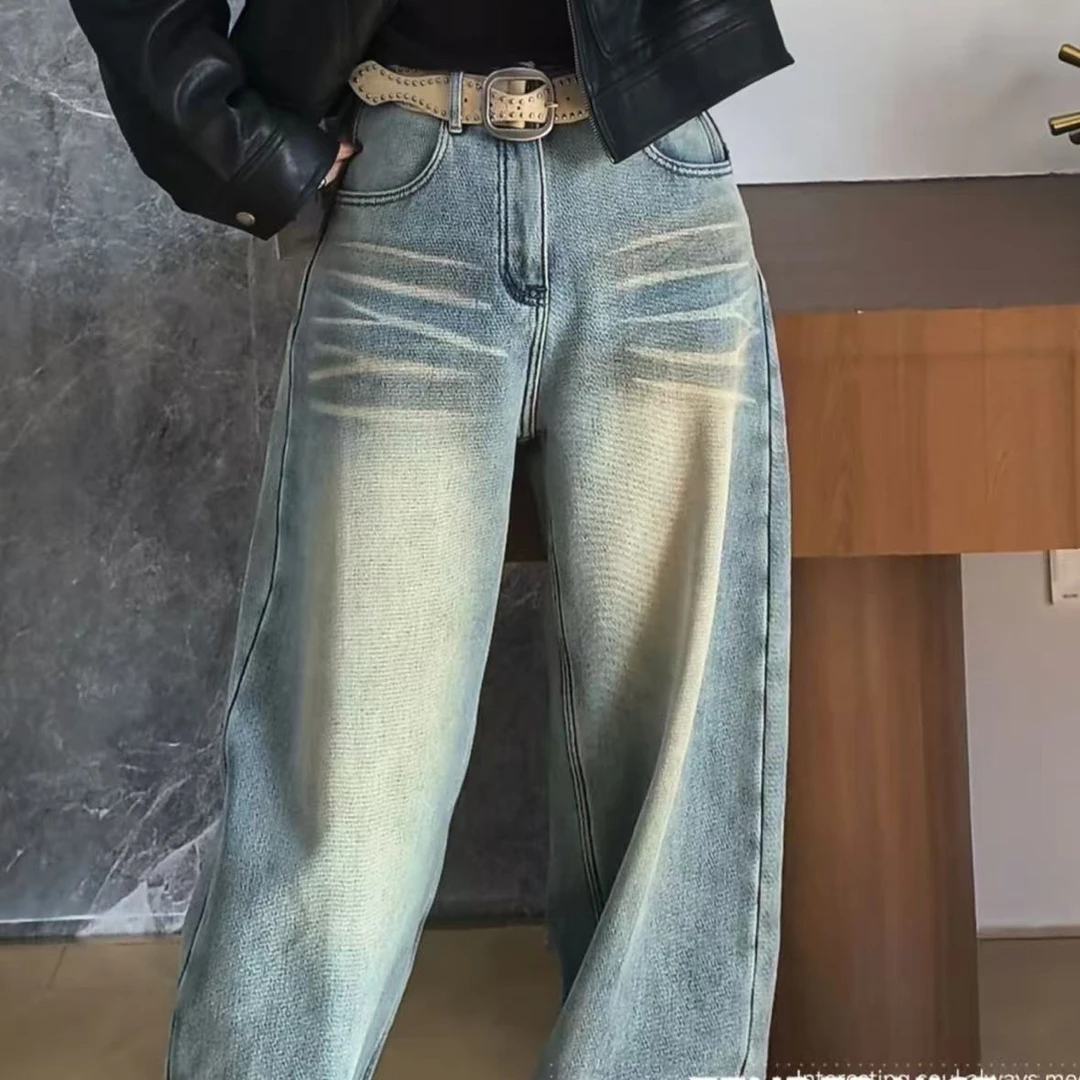 秋冬新款欧货加绒高腰阔腿牛仔裤女复古水洗显瘦百搭拖地长裤