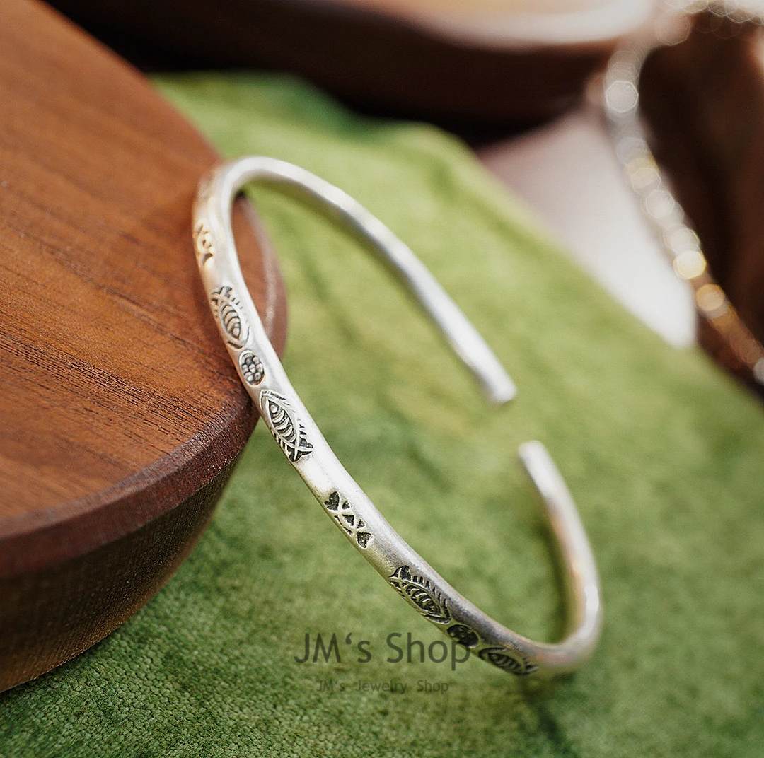 925银手镯 【街末】原创设计手工定制手作清迈进口雕花实心开口手镯