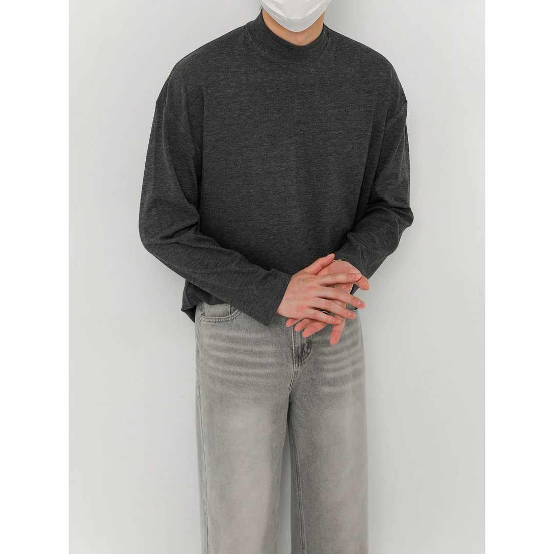 卓卓秋冬韩版简约薄绒长袖T恤 男宽松套头上衣潮半高领纯色打底衫