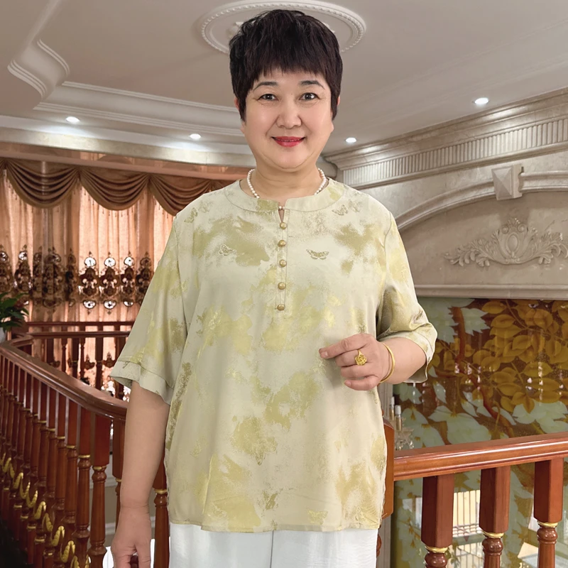 英姐大码妈妈装2025薄款休闲小衫中老年女装加肥加大圆领T恤