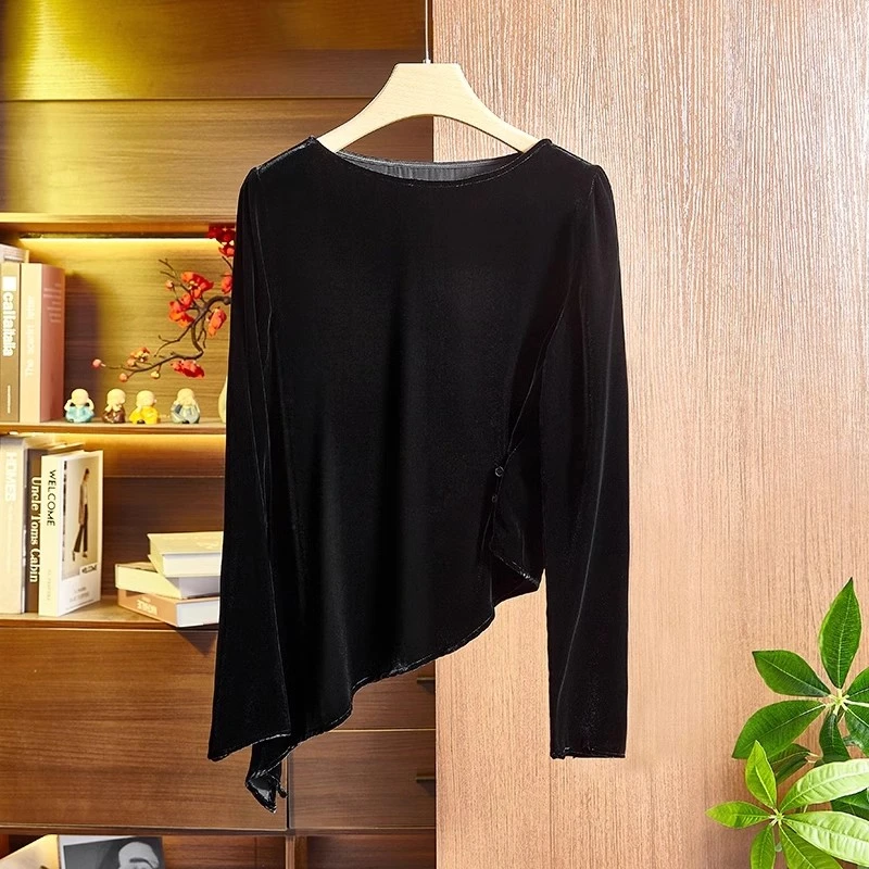 设计感黑色金丝绒上衣女2025秋季新款洋气高端别致显瘦长袖衬衫冬