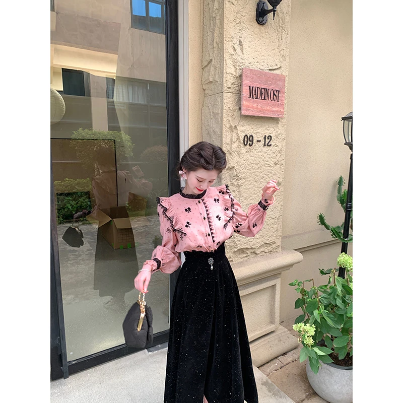 一生罗曼【粉色星河】秋季新款法式提花刺绣温柔气质长袖衬衫Y5573