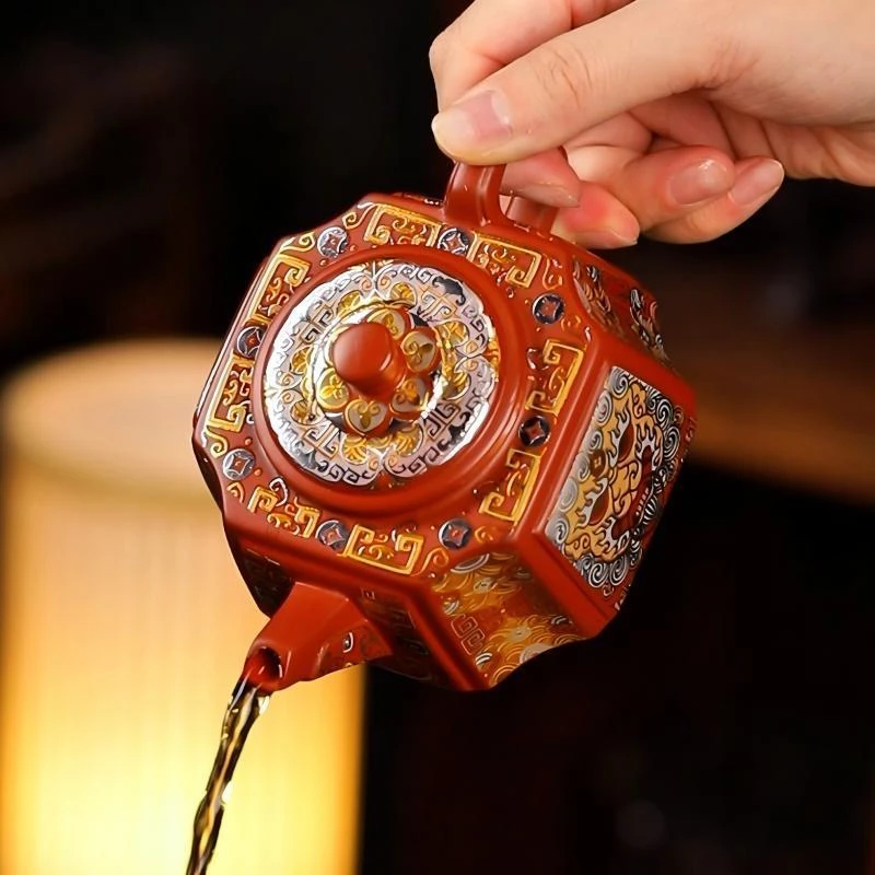 中式原矿变色麒麟紫砂泡茶壶茶具家用鎏金送礼办公四方紫砂壶方形